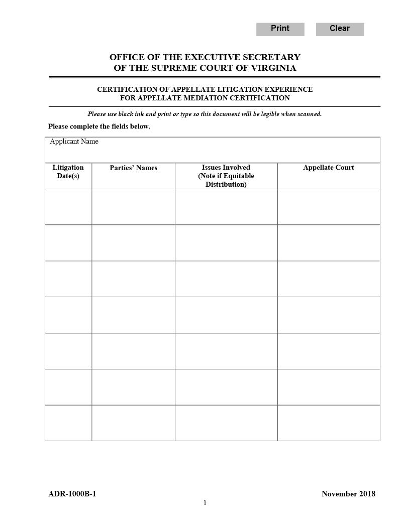 Certification Of Appellate Litigation Experience {ADR-1000B 1} | Pdf Fpdf Docx | Virginia
