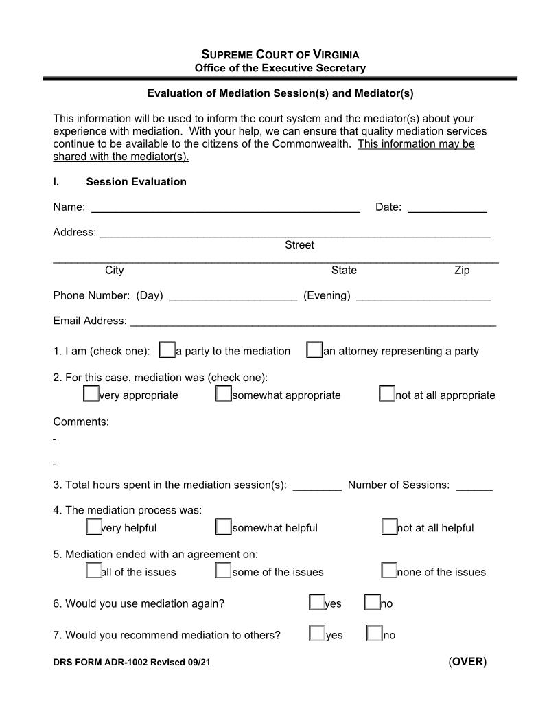 Evaluation Of Mediation Sessions And Mediators {ADR-1002} | Pdf Fpdf Doc Docx | Virginia
