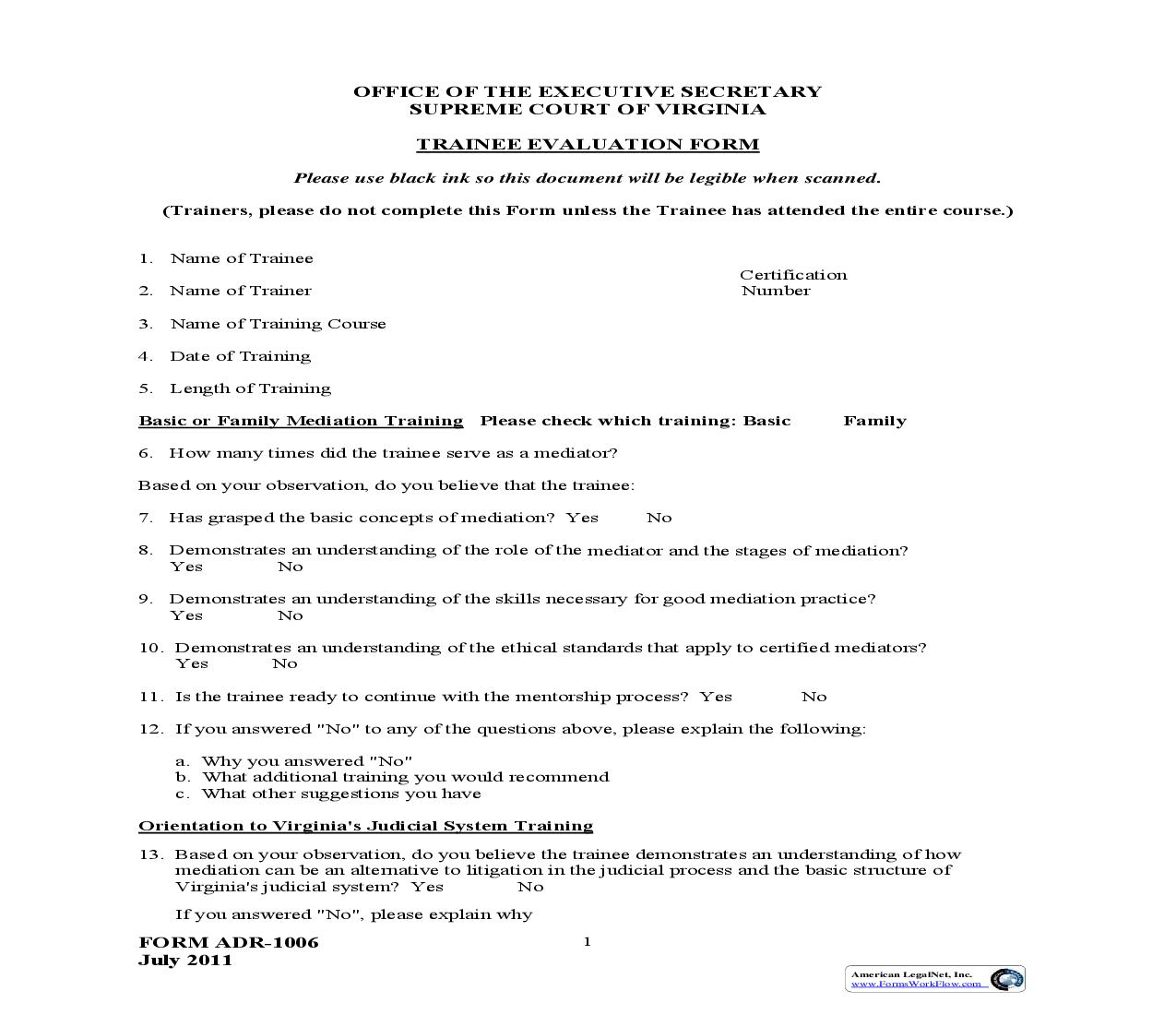 Trainee Evaluation Form {ADR-1006} | Pdf Fpdf Doc Docx | Virginia