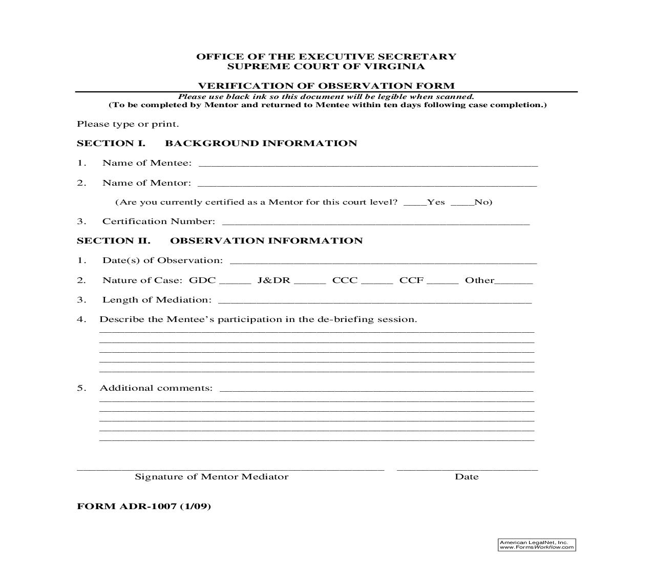 Verification Of Observation Form {ADR-1007} | Pdf Fpdf Doc Docx | Virginia