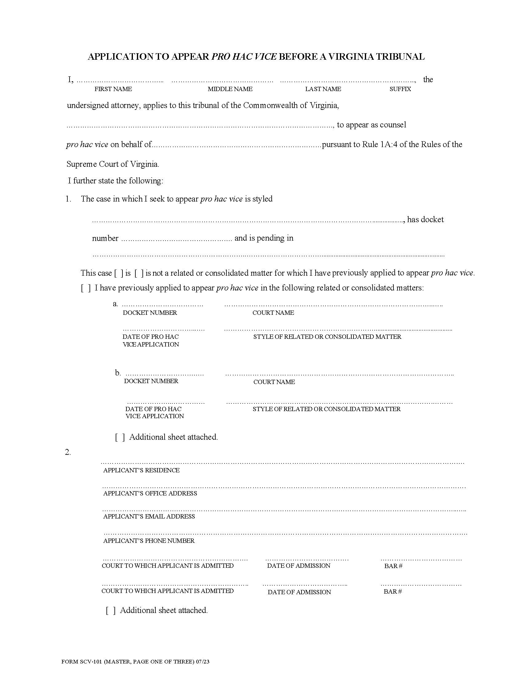 Application To Appear Pro Hac Vice Before Virginia Tribunal {SCV-101} | Pdf Fpdf Doc Docx | Virginia