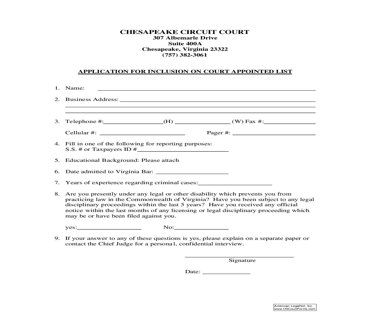 Application For Inclusion On Court Appointed List | Pdf Fpdf Doc Docx | Virginia