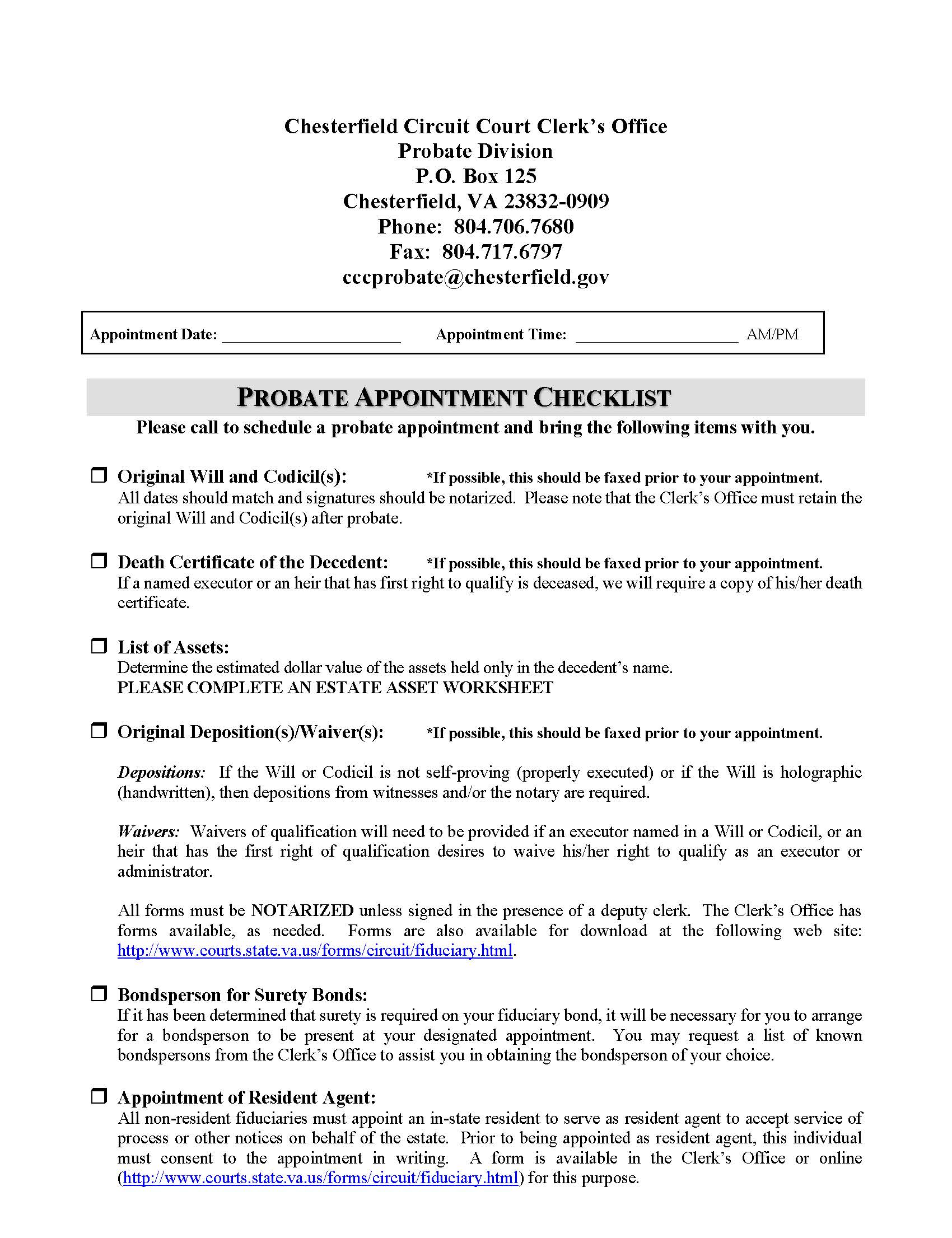 Probate Appointment Checklist | Pdf Fpdf Docx | Virginia