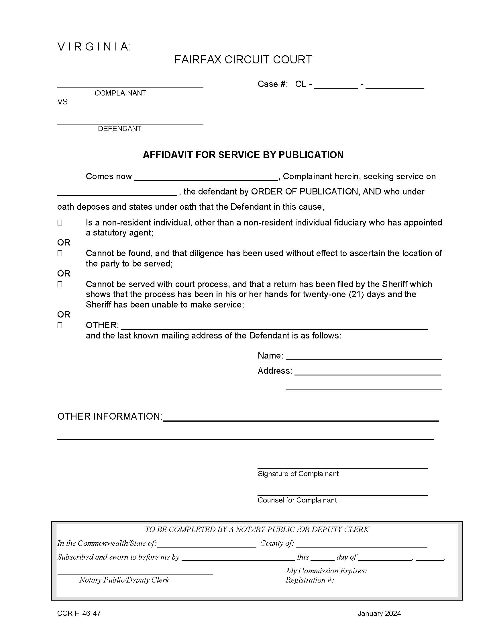 Affidavit For Service By Publication-Order Of Publication-Divorce {CCR-H-46-47} | Pdf Fpdf Doc Docx | Virginia
