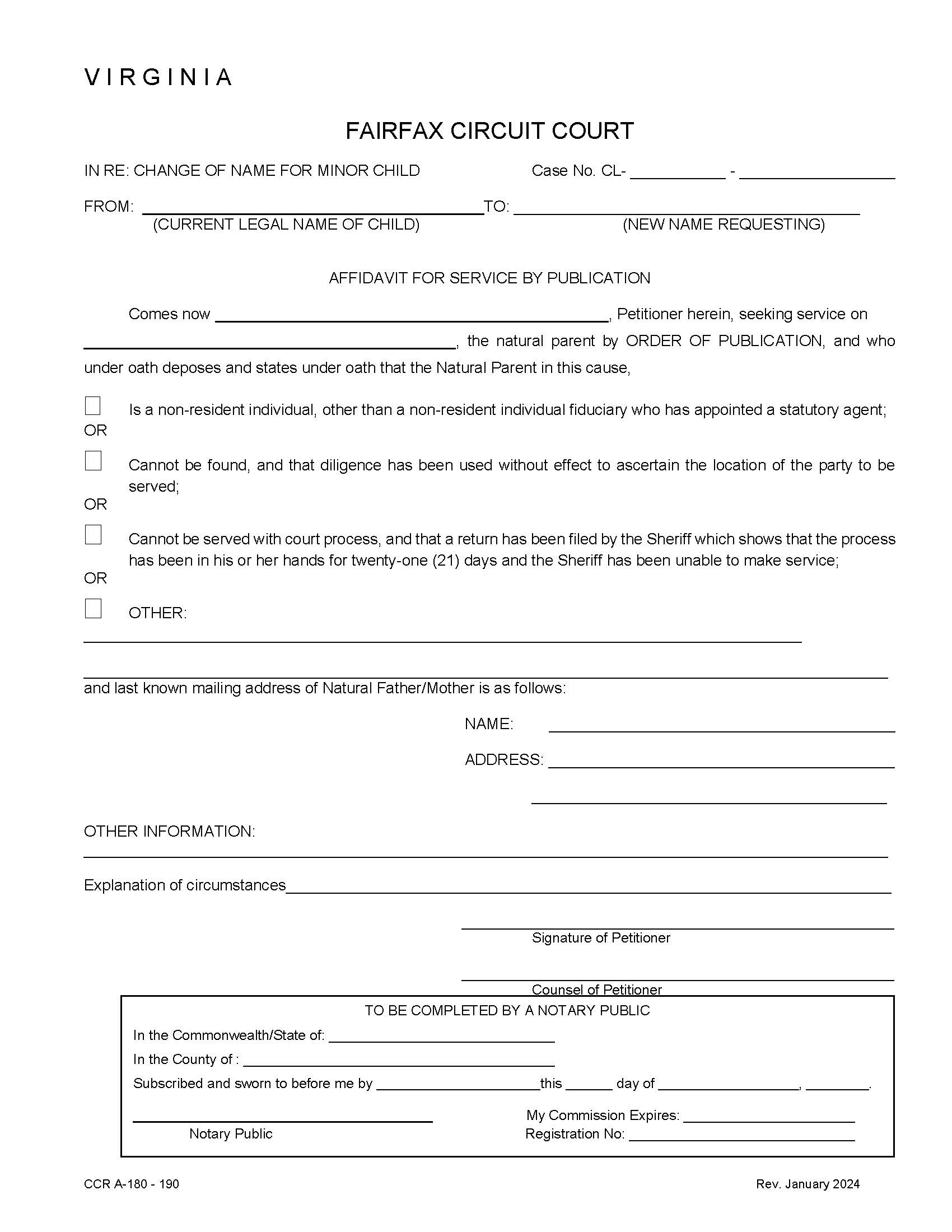 Affidavit For Service By Publication-Order Of Publication-Minor Name Change {CCR-A-180-190} | Pdf Fpdf Doc Docx | Virginia