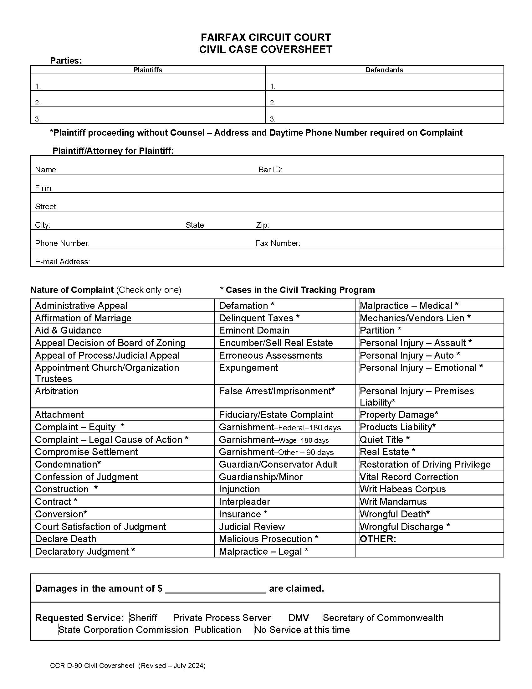 Civil Case Cover Sheet {CCR-D-90} | Pdf Fpdf Doc Docx | Virginia