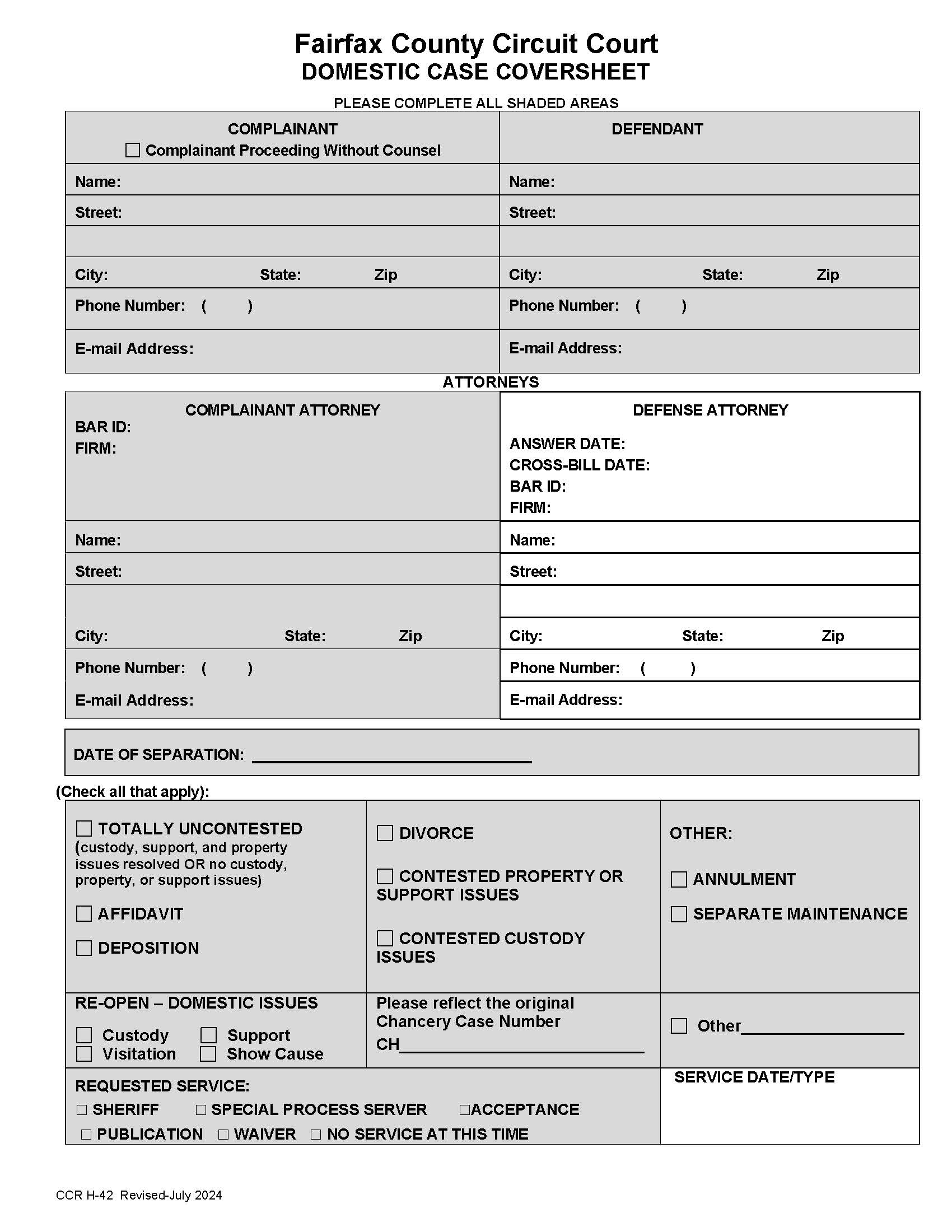 Domestic Case Coversheet {CCR-H-42} | Pdf Fpdf Doc Docx | Virginia