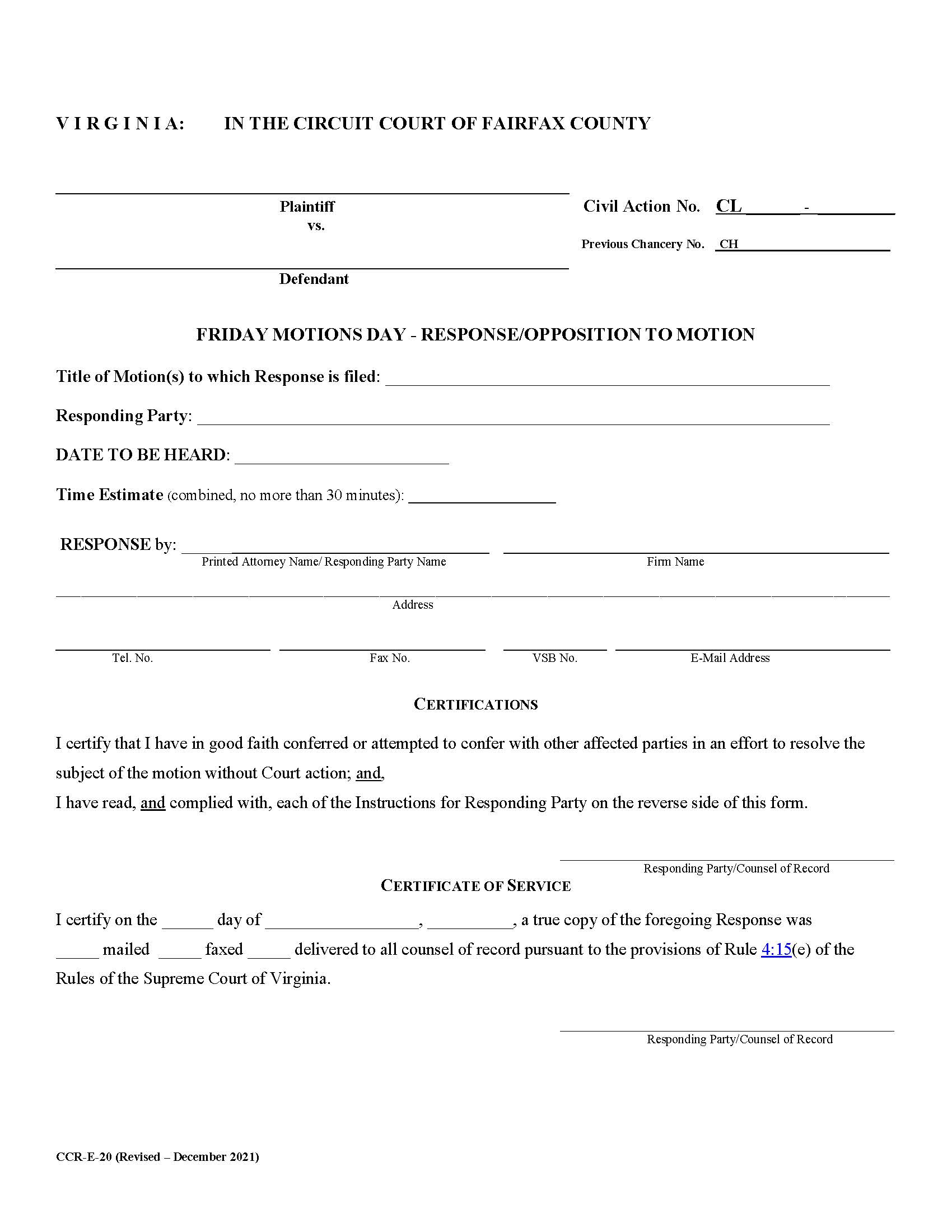 Friday Motions Day Response Opposition To Motion {CCR-E-20} | Pdf Fpdf Docx | Virginia