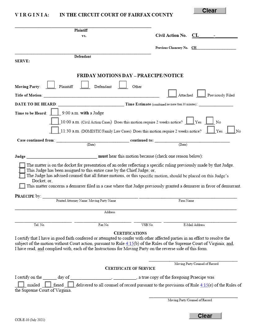 Friday Motions Day-Praecipe-Notice {CCR-E-10} | Pdf Fpdf Docx | Virginia
