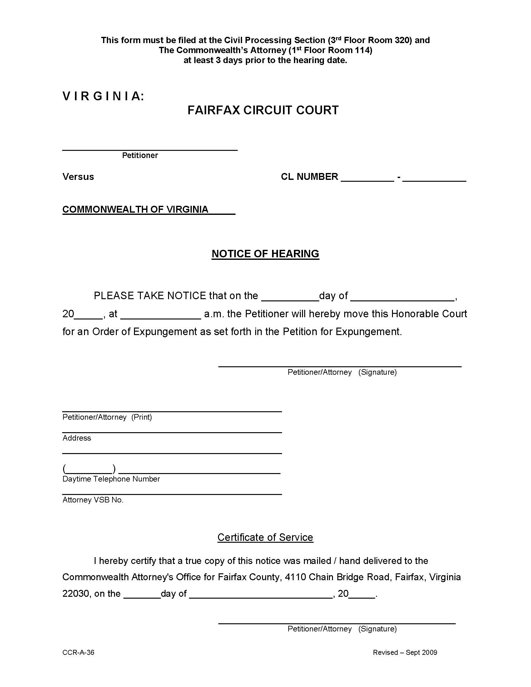 Notice Of Hearing (Expungement) {CCR A-36} | Pdf Fpdf Doc Docx | Virginia