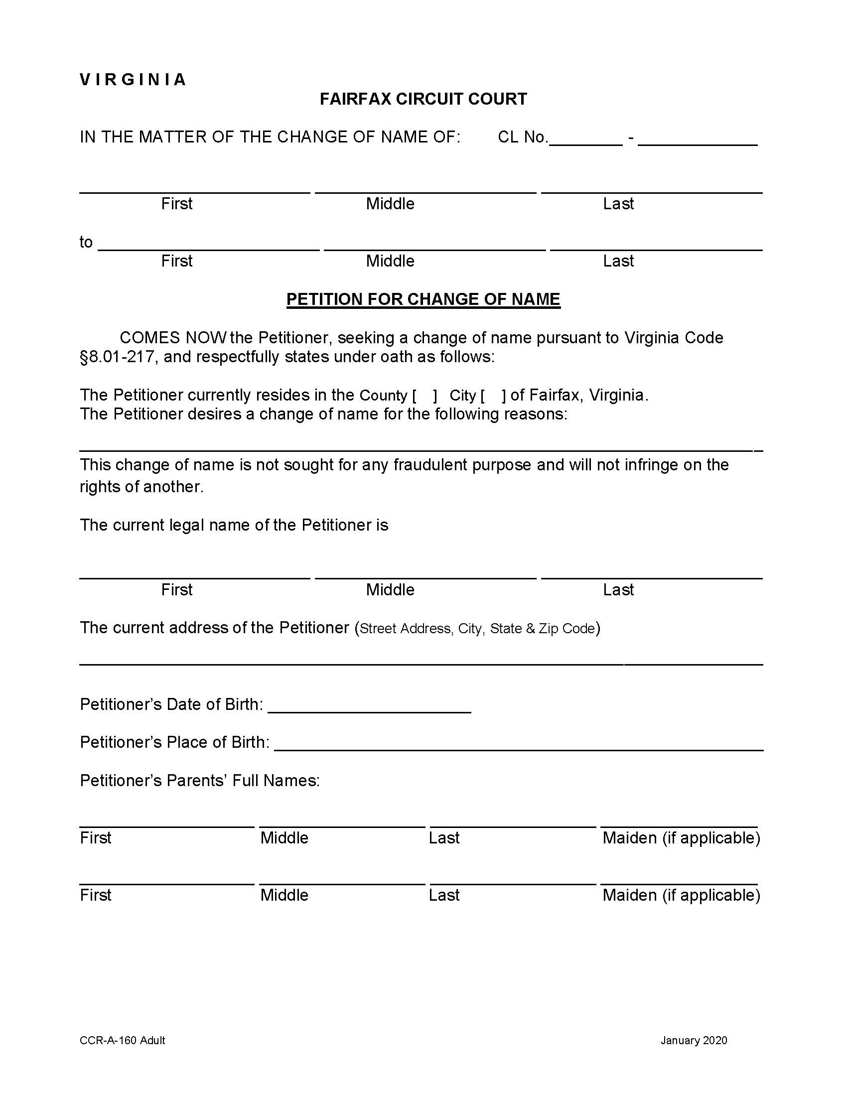 Petition For  Change Of Name (Adult) | Pdf Fpdf Doc Docx | Virginia