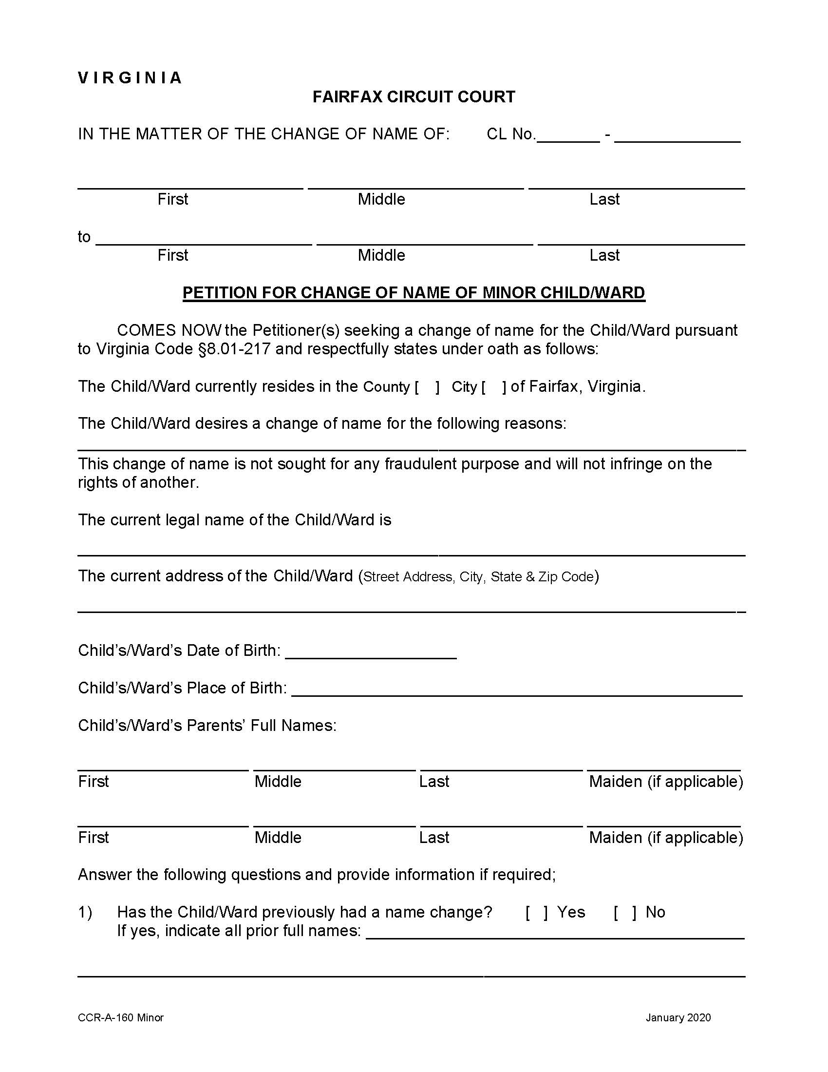 Petition For Change Of Name Of Minor Child Ward | Pdf Fpdf Doc Docx | Virginia