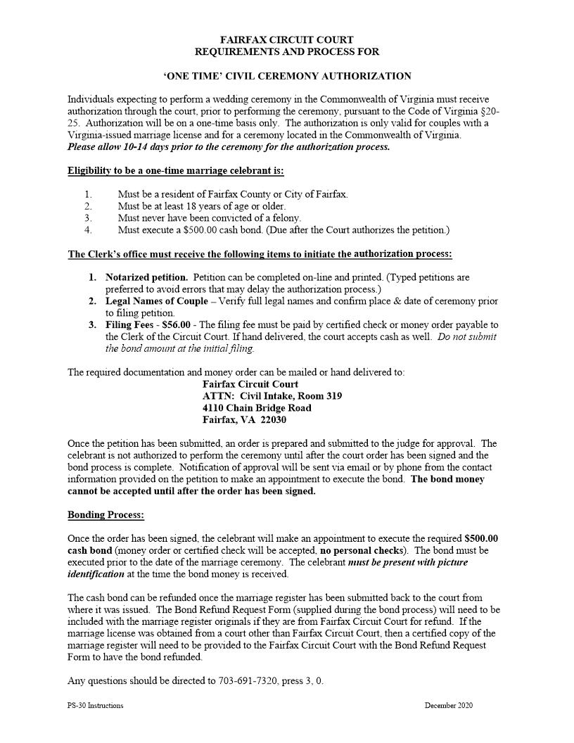 Petition To Perform One-Time Civil Marriage Ceremony | Pdf Fpdf Docx | Virginia