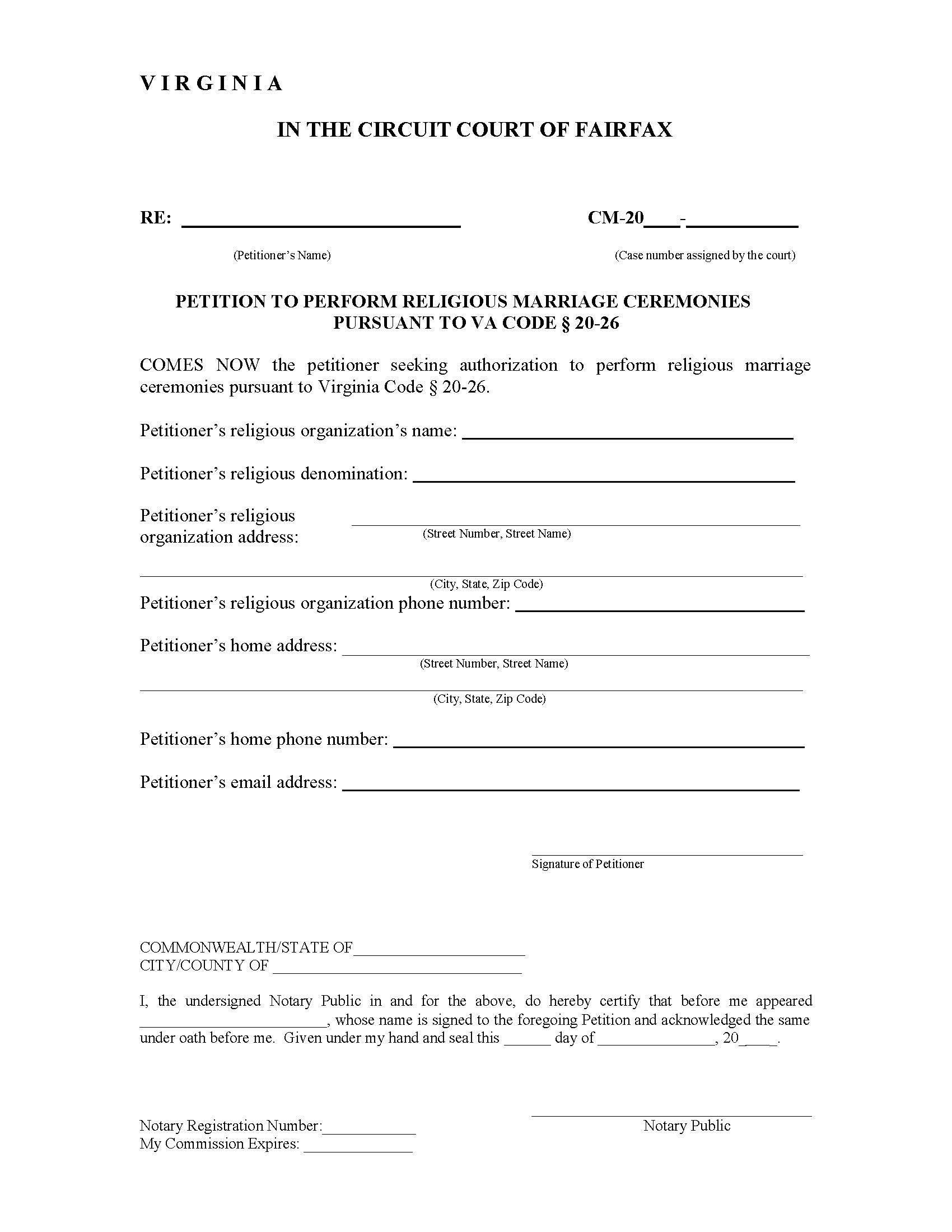Petition To Perform One-Time Religious Marriage Ceremony | Pdf Fpdf Docx | Virginia