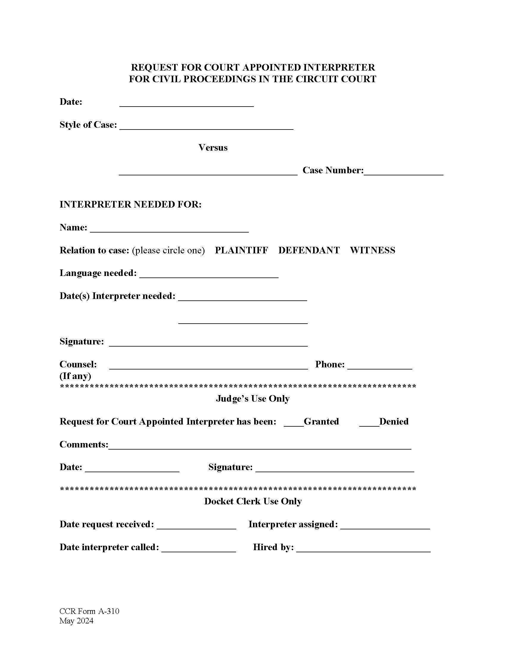 Request For Court Appointed Interpreter For Civil Proceedings {CCR-A-310} | Pdf Fpdf Doc Docx | Virginia