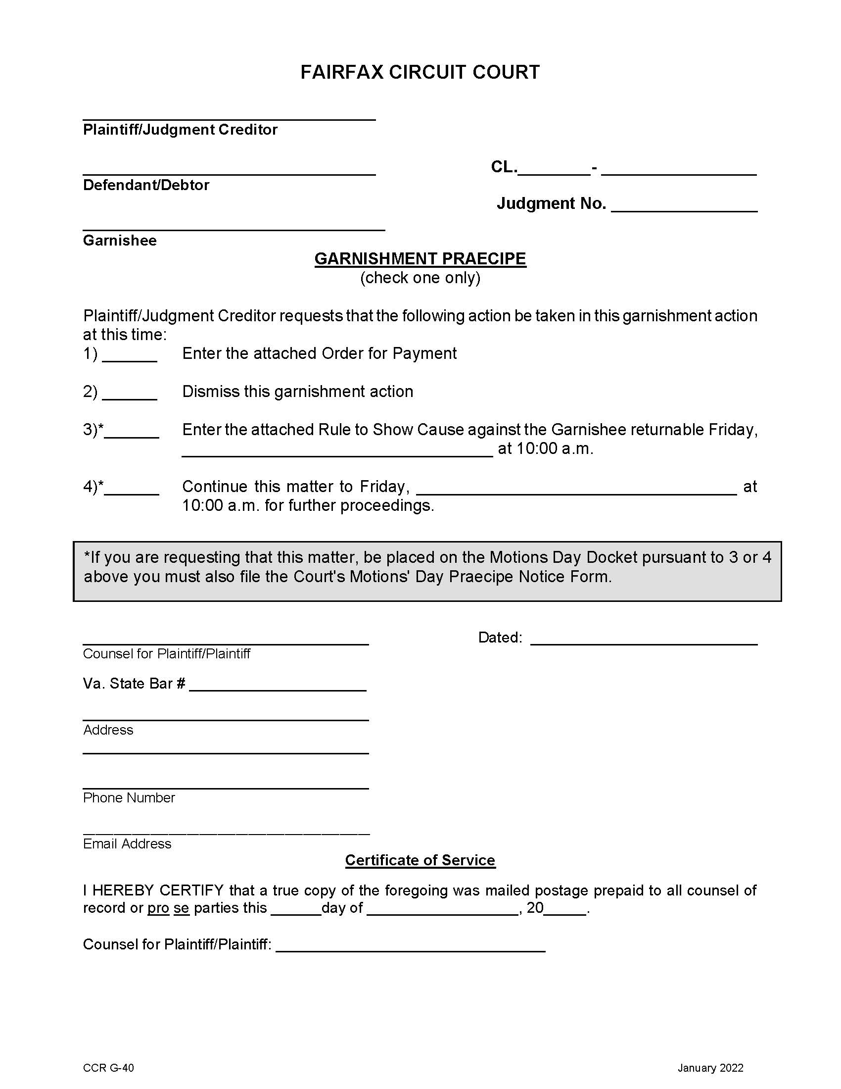 Garnishment Praecipe {CCR-G-40} | Pdf Fpdf Docx | Virginia