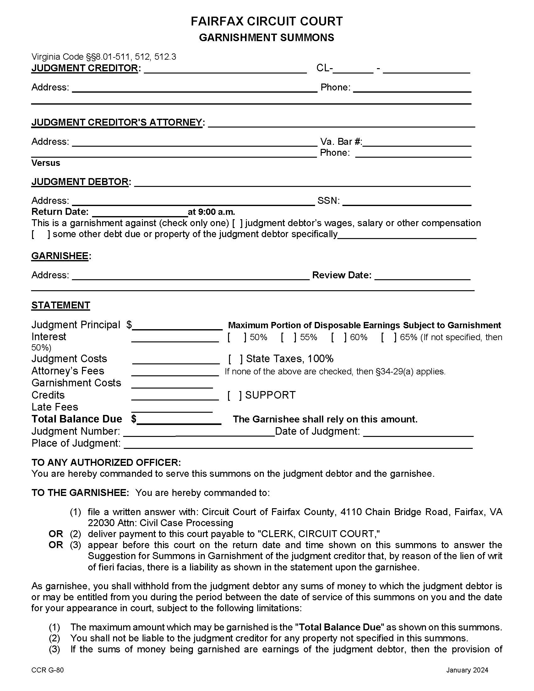 Garnishment Summons {CCR G-80} | Pdf Fpdf Doc Docx | Virginia