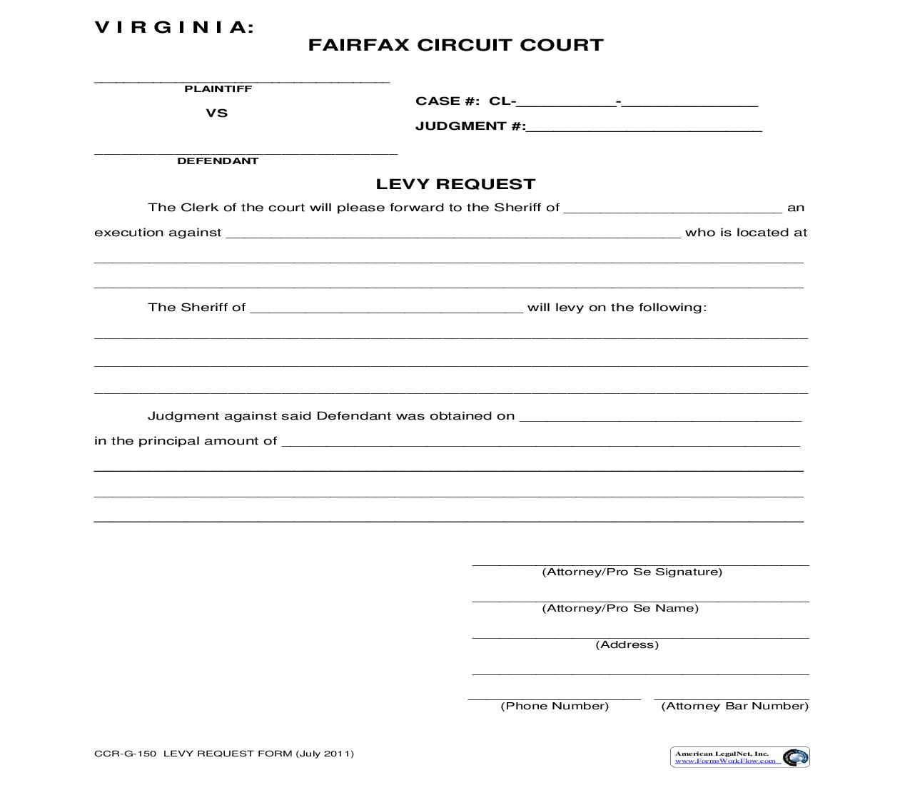 Levy Request {CCR-G-150} | Pdf Fpdf Doc Docx | Virginia