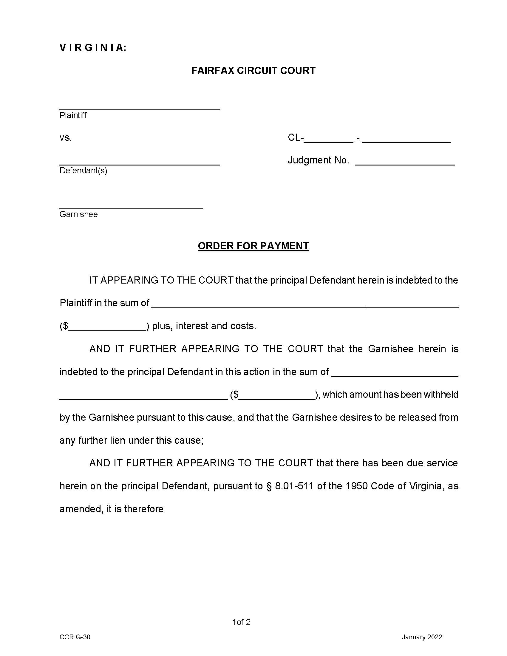 Order For Payment {CCR-G-30} | Pdf Fpdf Docx | Virginia