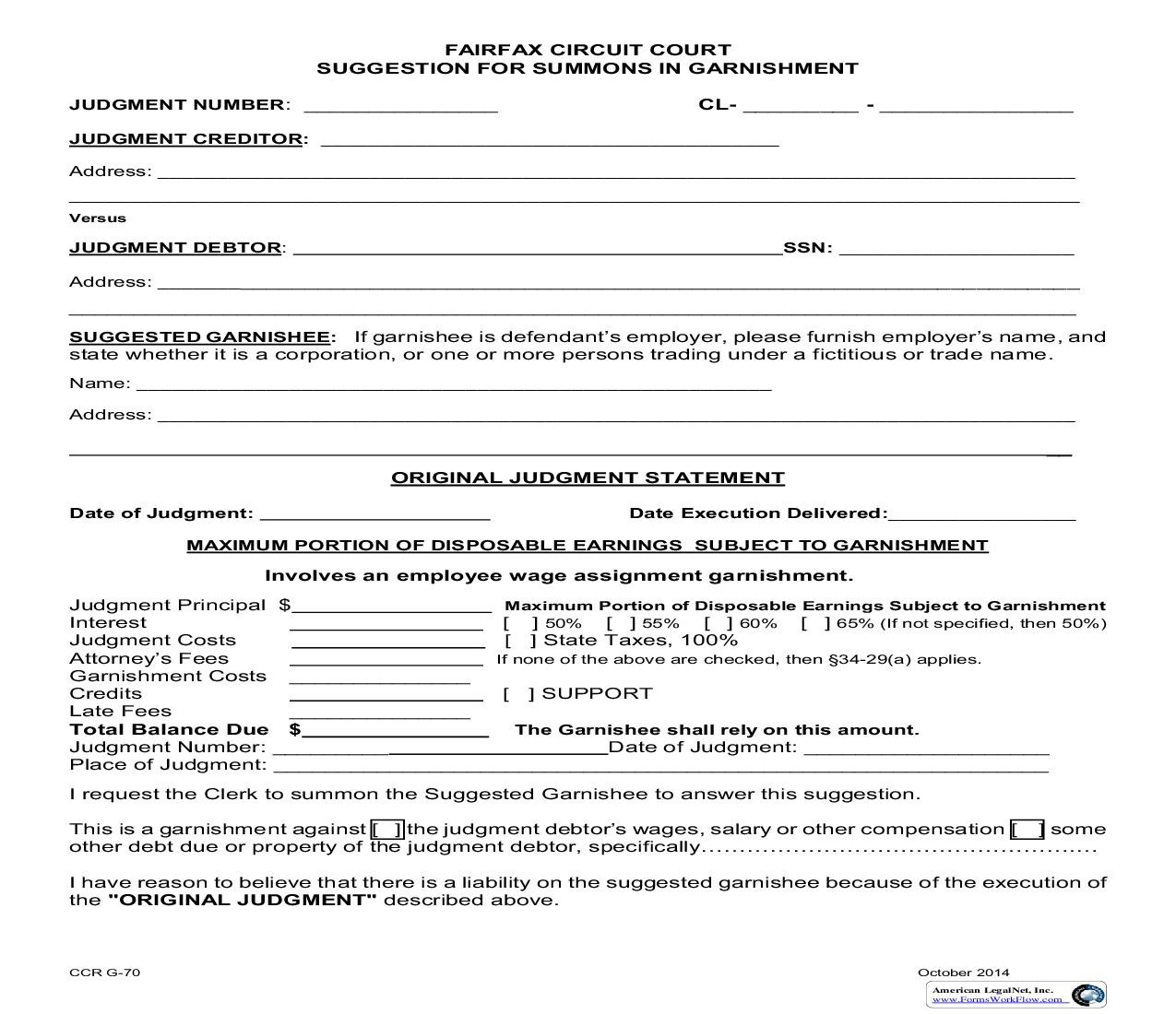 Suggestion For Summons In Garnishment {CCR G-70} | Pdf Fpdf Doc Docx | Virginia