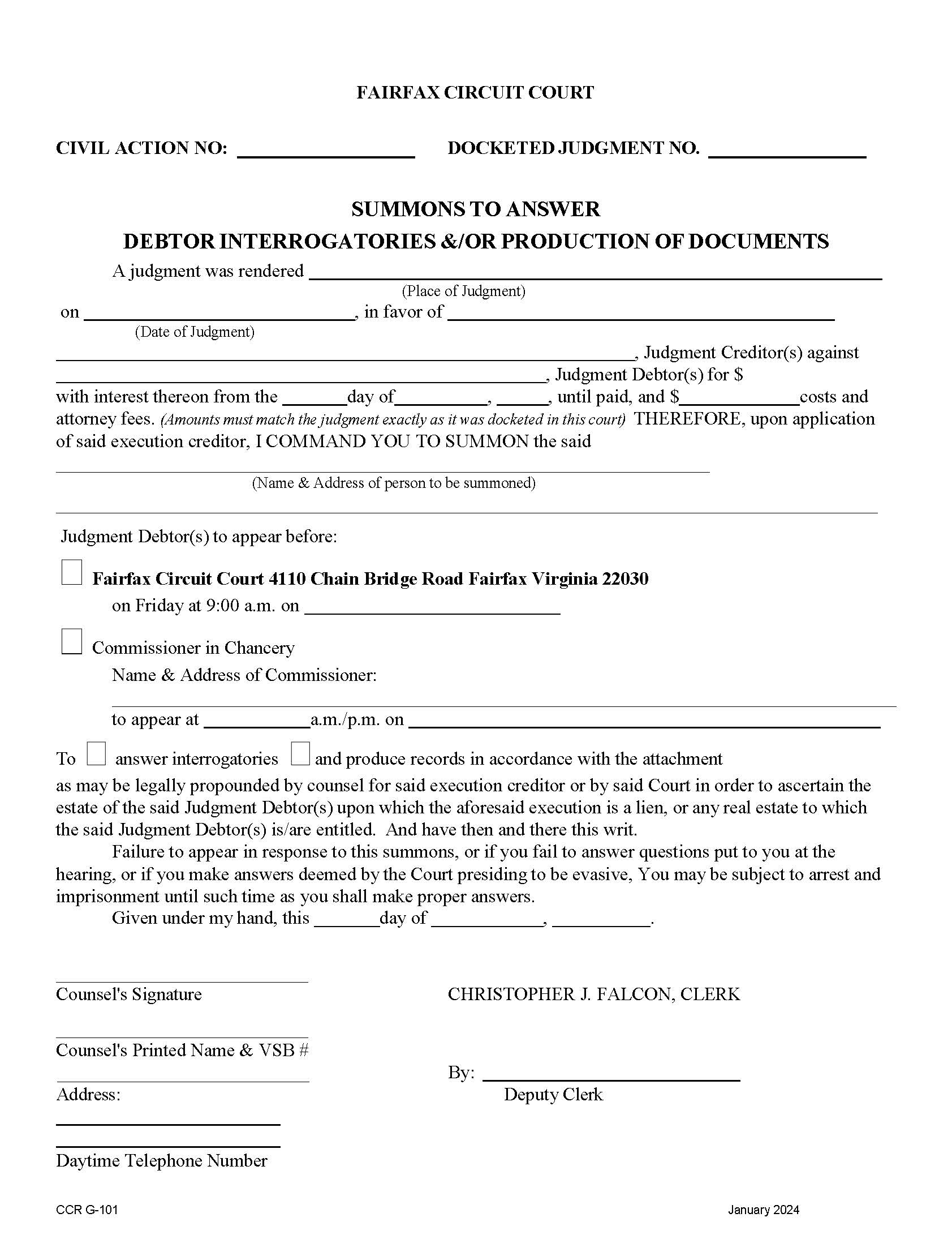 Summons To Answer Debtor Interrogatories And-Or Production Of Documents {CCR-G-101} | Pdf Fpdf Doc Docx | Virginia