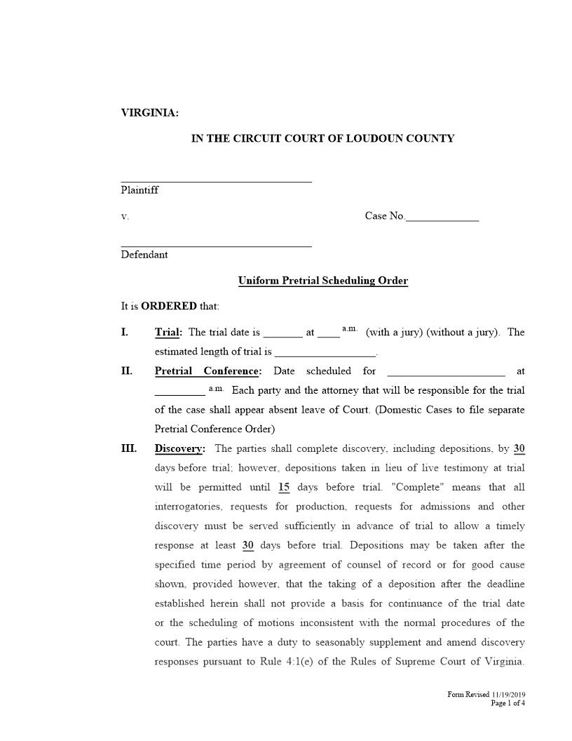 Uniform Pretrial Scheduling Order | Pdf Fpdf Docx | Virginia