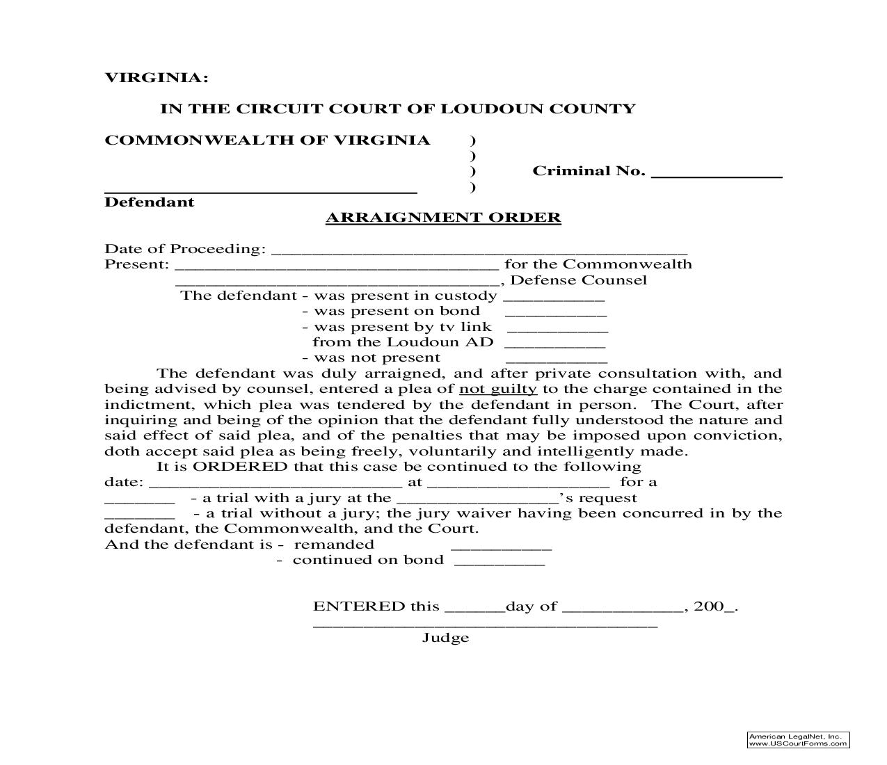 Arraignment Order | Pdf Fpdf Doc Docx | Virginia