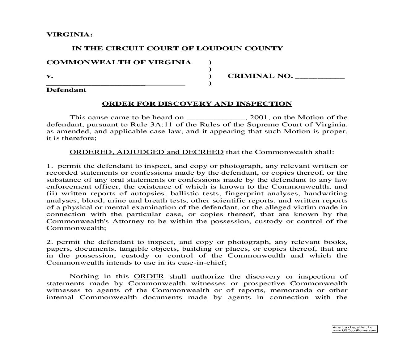 Order For Discovery And Inspection | Pdf Fpdf Doc Docx | Virginia