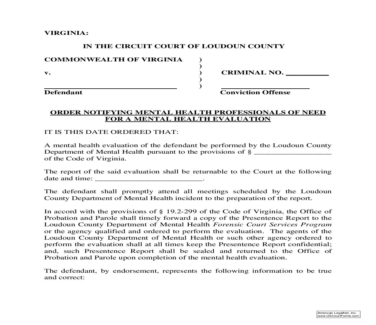 Order Notifying Mental Health Professionals Of Need For A Mental Health Evaluation | Pdf Fpdf Doc Docx | Virginia