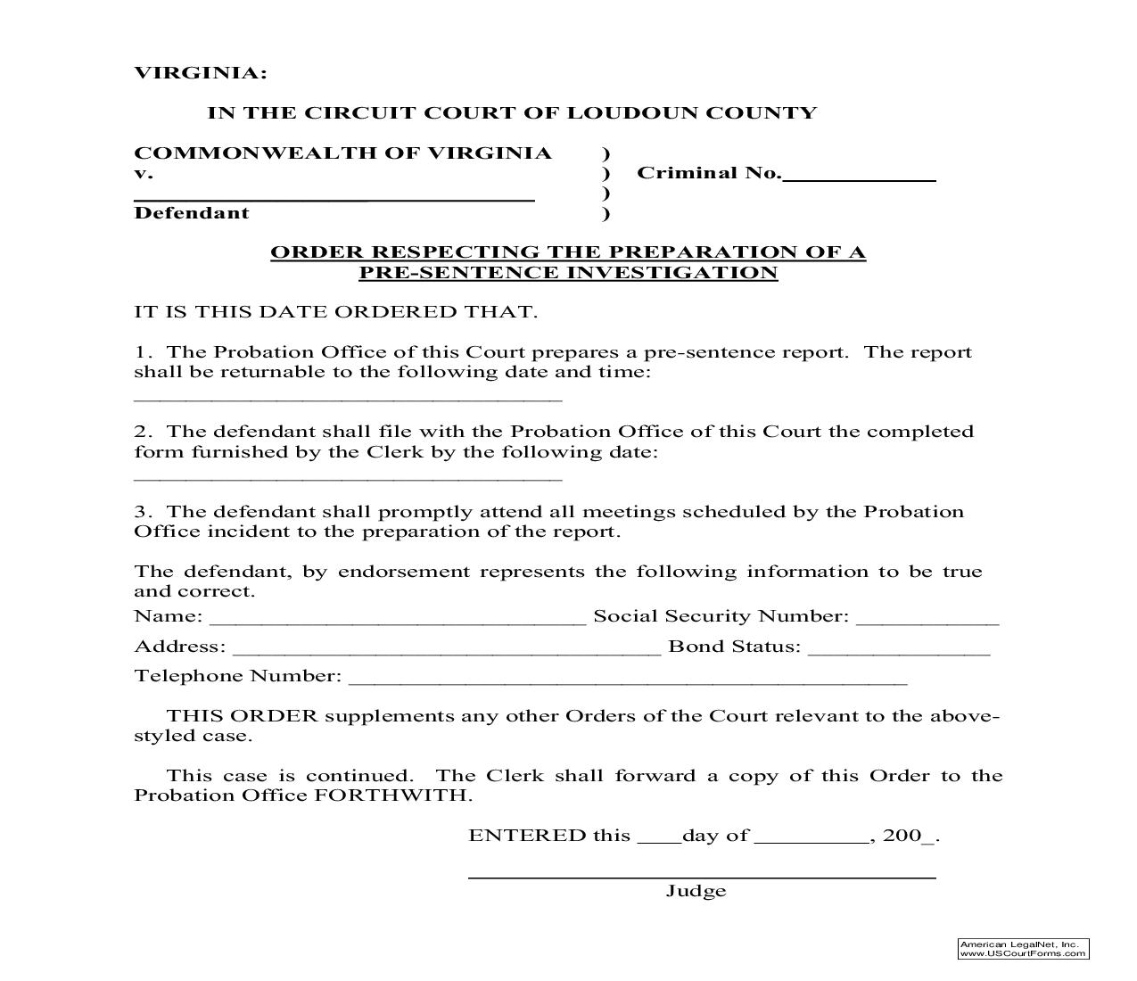 Order Respecting The Preparation Of A Pre-Sentence Investigation | Pdf Fpdf Doc Docx | Virginia