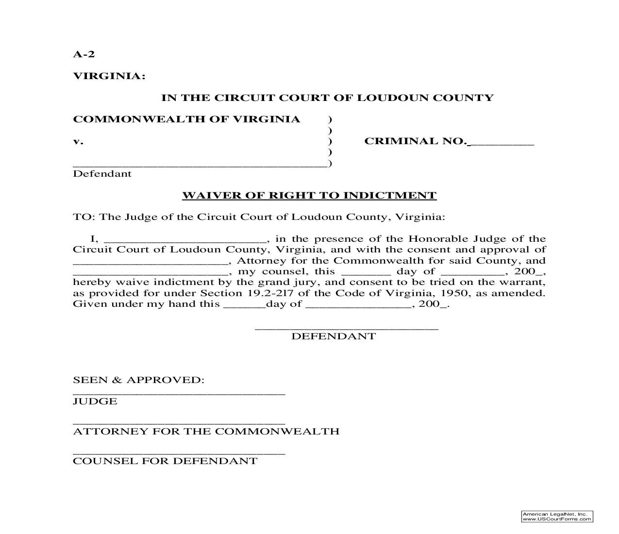 Waiver Of Right To Indictment | Pdf Fpdf Doc Docx | Virginia