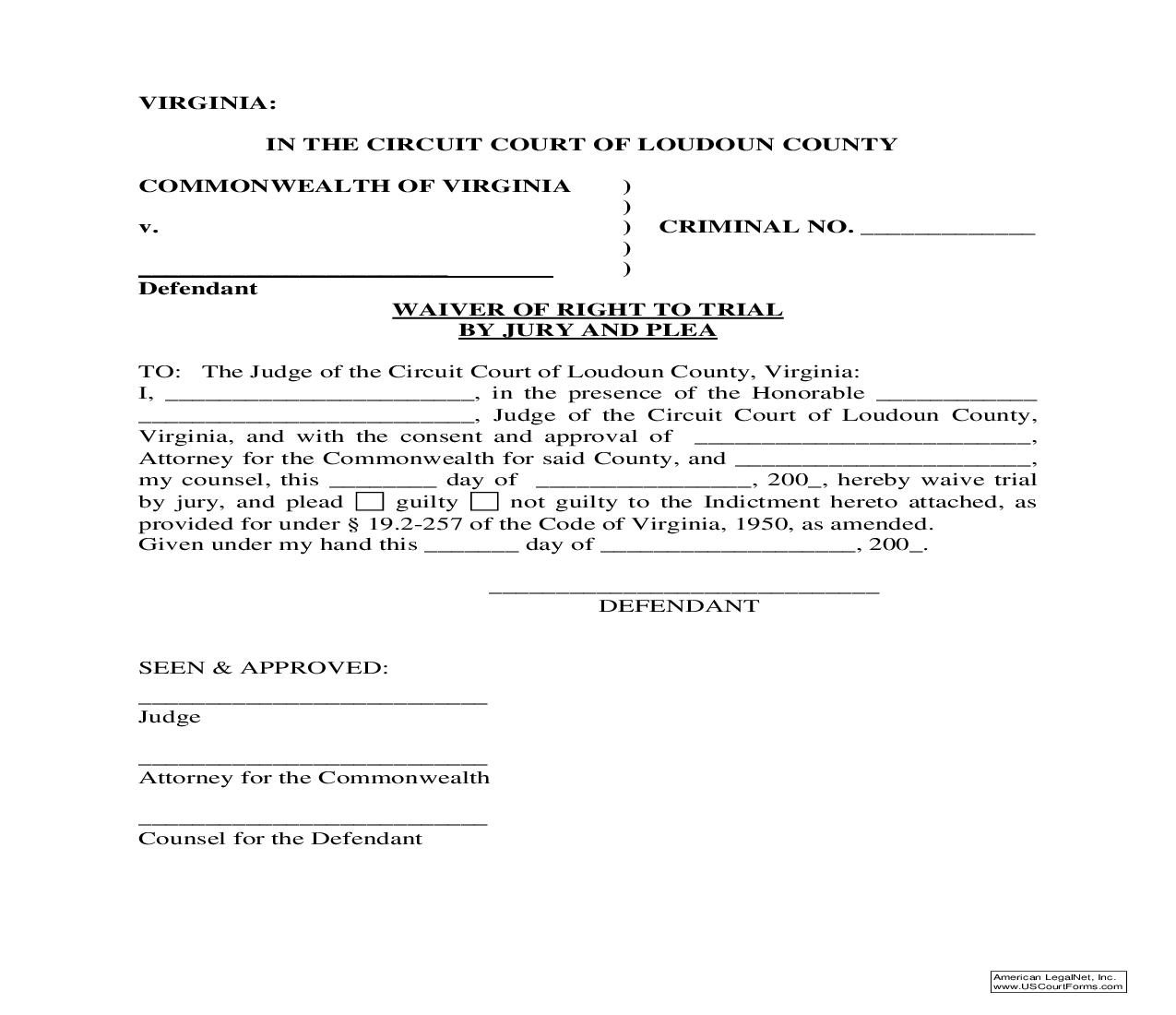 Waiver Of Right To Trial By Jury And Plea | Pdf Fpdf Doc Docx | Virginia