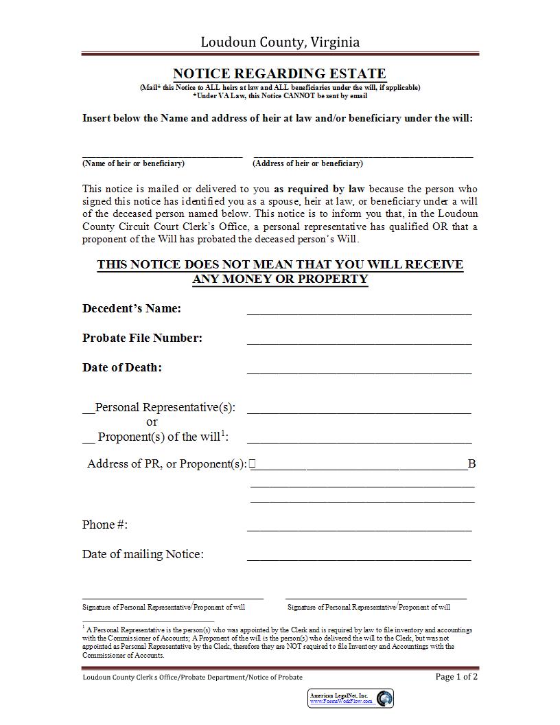 Notice Regarding Estate | Pdf Fpdf Docx | Virginia