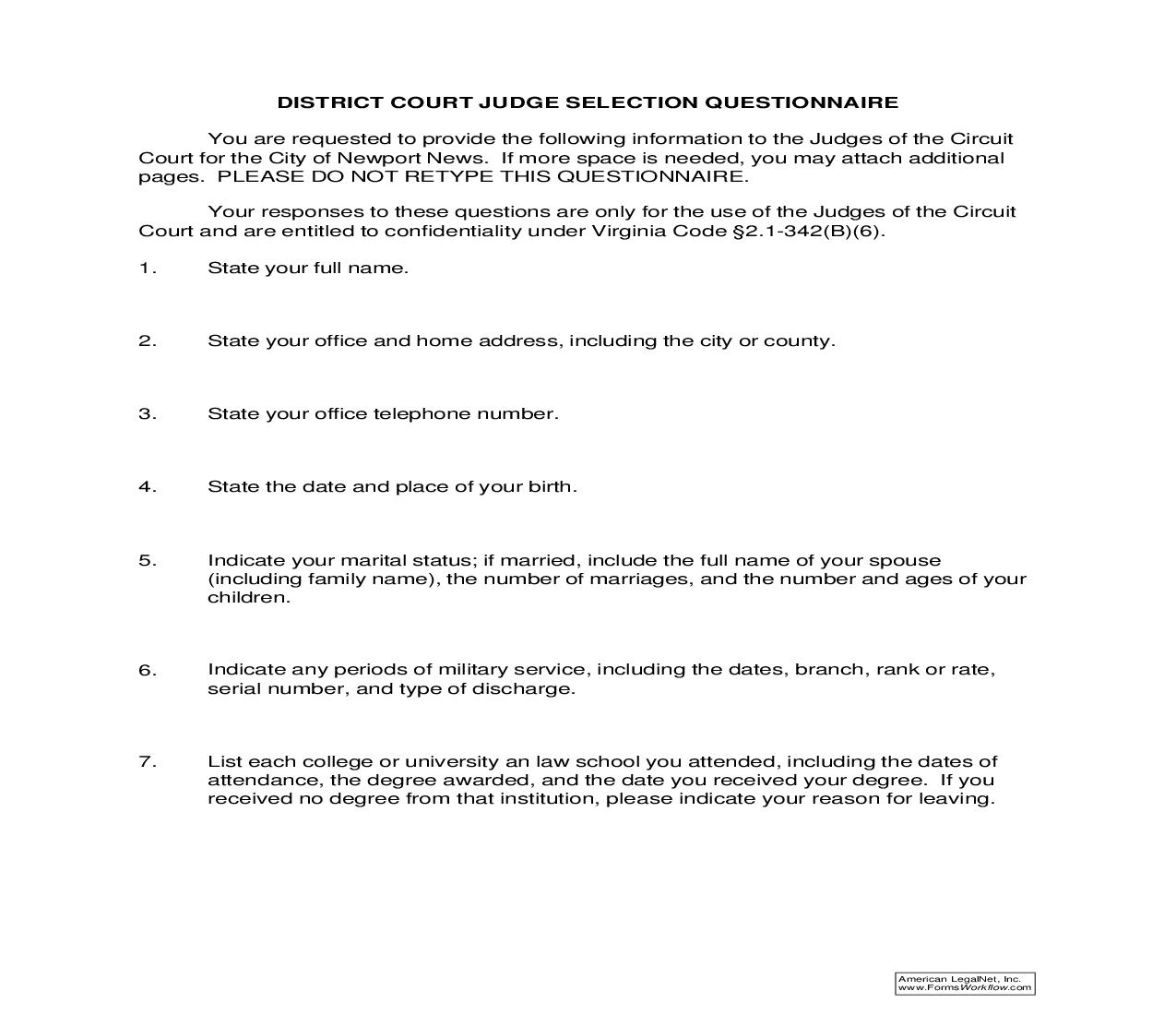 District Court Judge Selection Questionnaire | Pdf Fpdf Doc Docx | Virginia