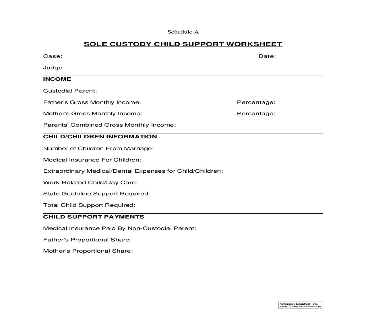 Schedule A-Sole Custody Child Support Worksheet | Pdf Fpdf Doc Docx | Virginia