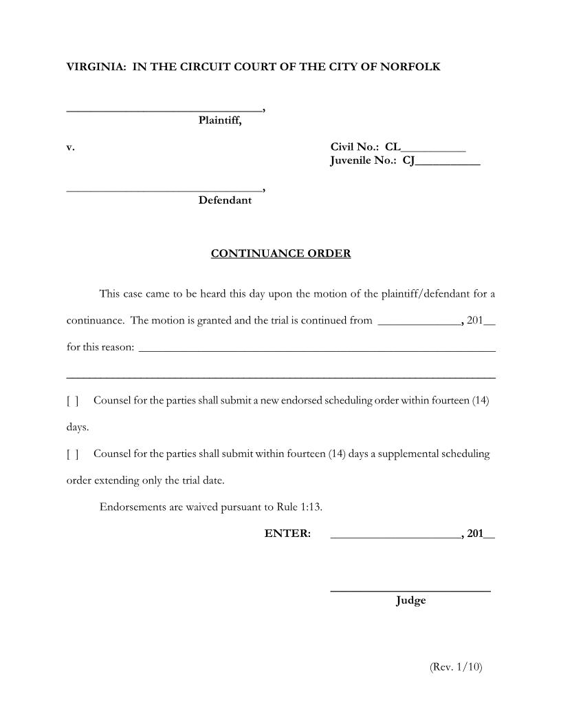 Continuance Order | Pdf Fpdf Docx | Virginia