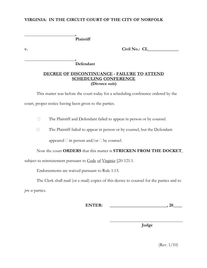 Decree Of Discontinuance (Divorce) | Pdf Fpdf Docx | Virginia