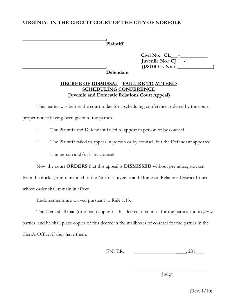 Decree Of Dismissal (Juvenile And Domestic Relations) | Pdf Fpdf Docx | Virginia