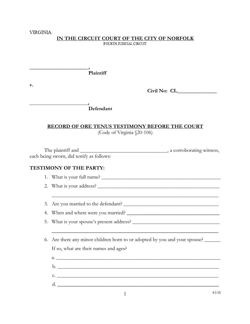 Record Of Ore Tenus Testimony Before The Court | Pdf Fpdf Docx | Virginia