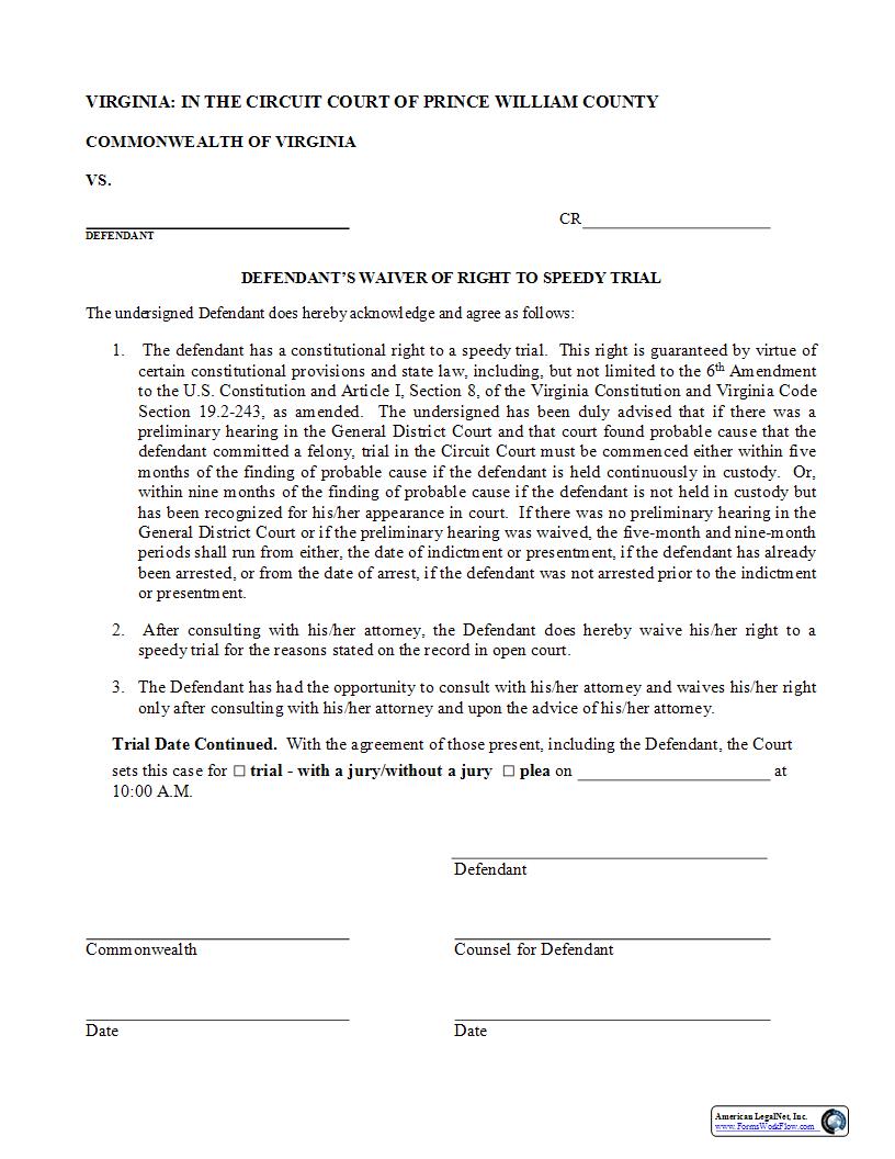 Defendants Waiver Of Right To A Speedy Trial | Pdf Fpdf Docx | Virginia