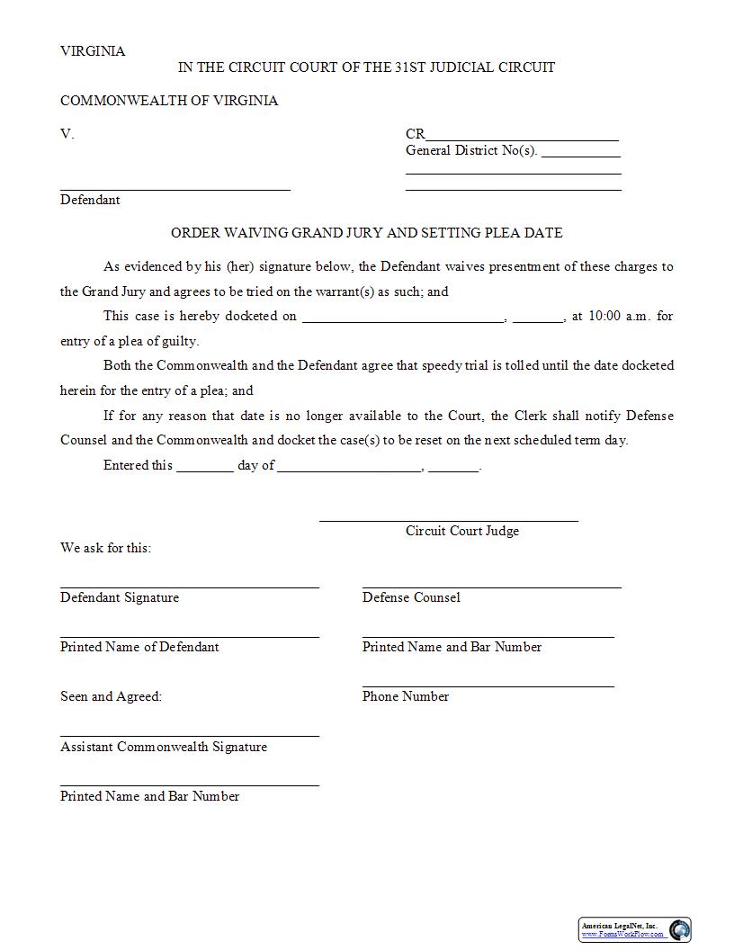 Order Waiving Grand Jury And Setting Plea Date | Pdf Fpdf Docx | Virginia