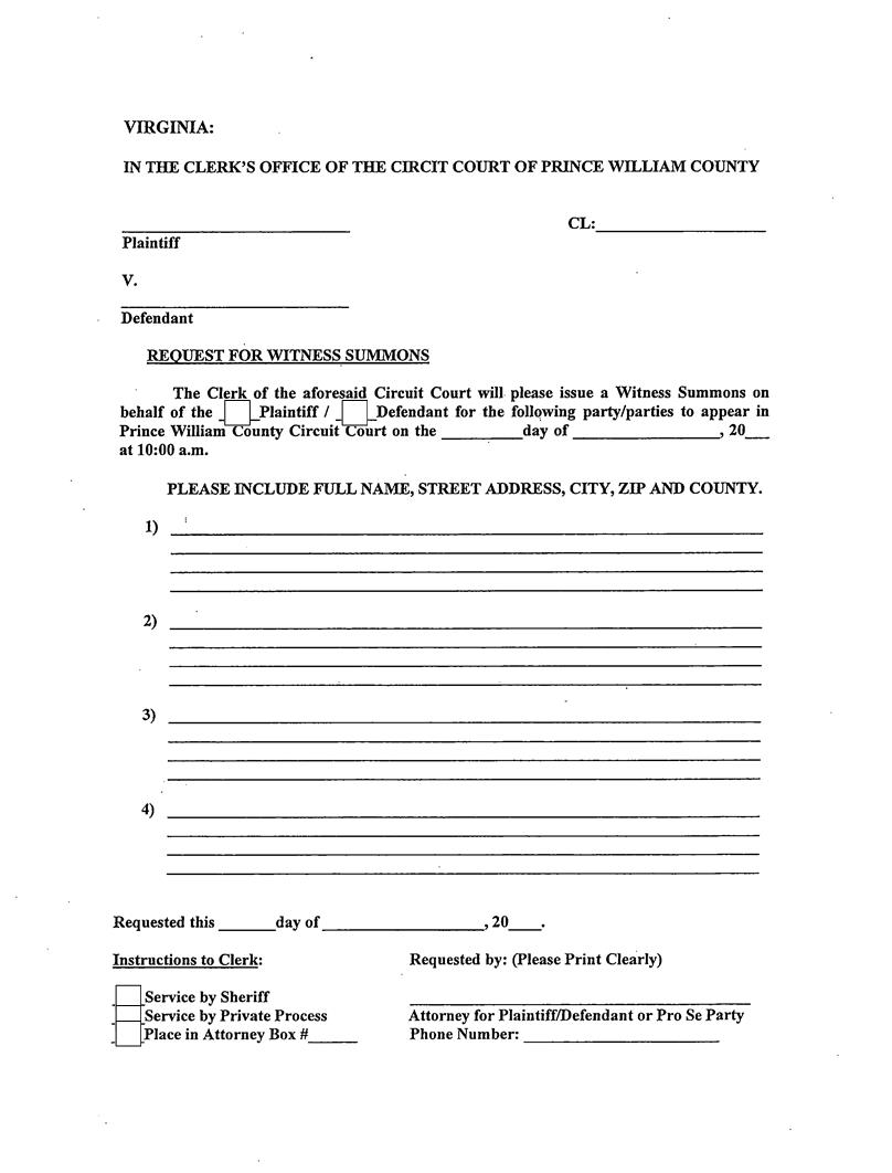Request For Witness Summons | Pdf Fpdf Doc Docx | Virginia