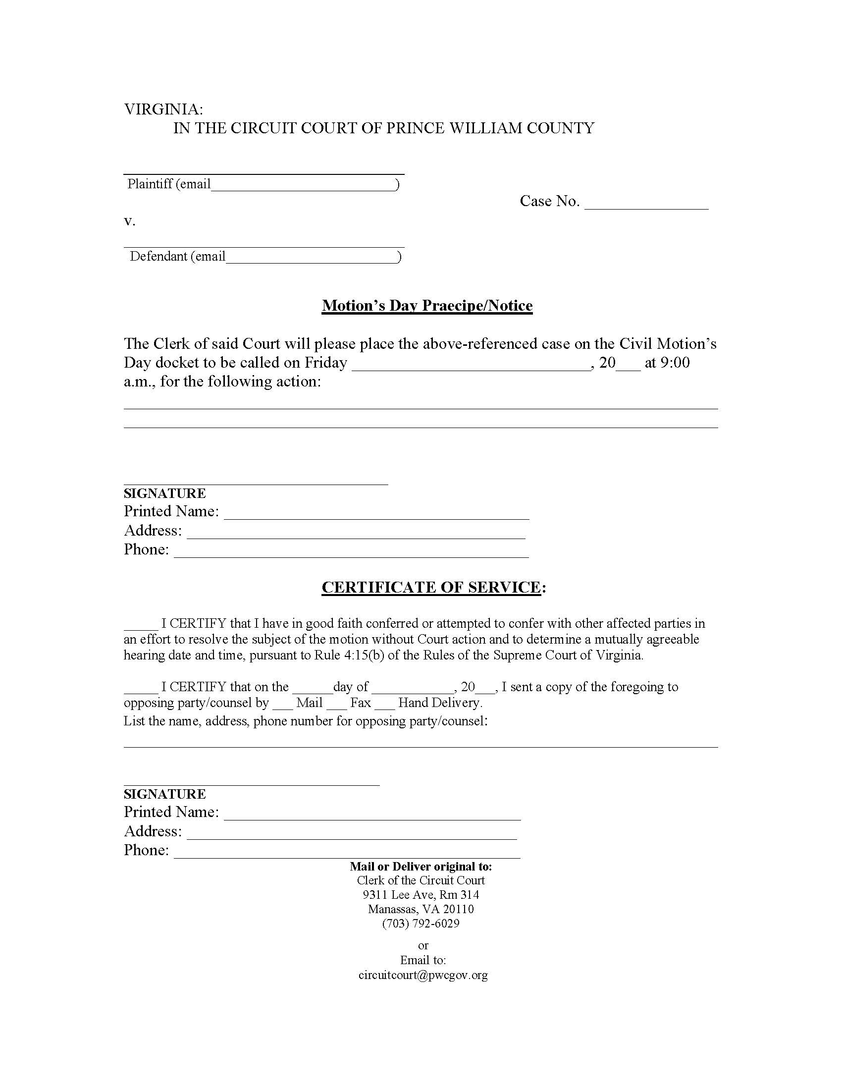 Motions Day Praecipe Or Notice | Pdf Fpdf Doc Docx | Virginia