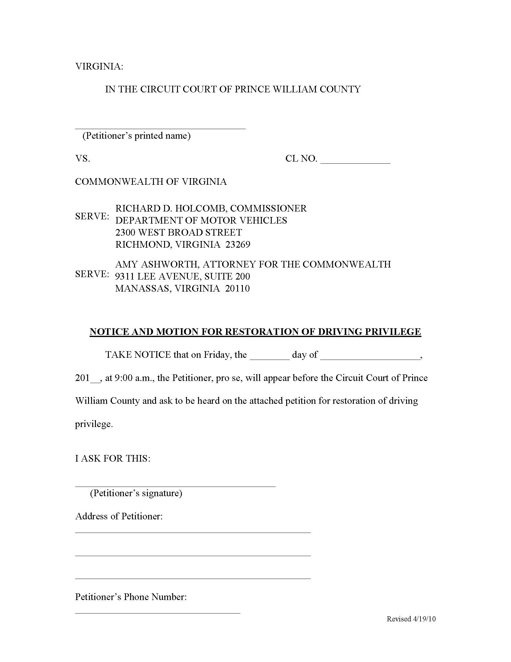 Notice And Motion For Restoration Of Driving Privilege | Pdf Fpdf Doc Docx | Virginia