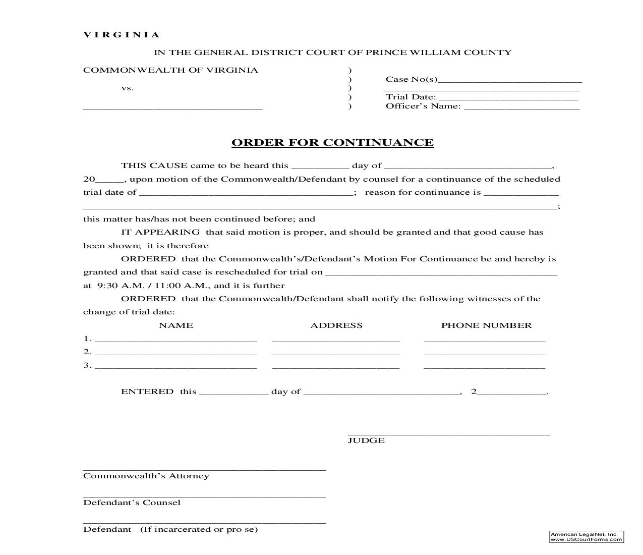 Order For Continuance | Pdf Fpdf Doc Docx | Virginia