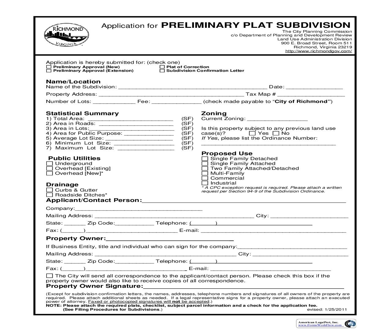 Application For Preliminary Plat Subdivision | Pdf Fpdf Doc Docx | Virginia