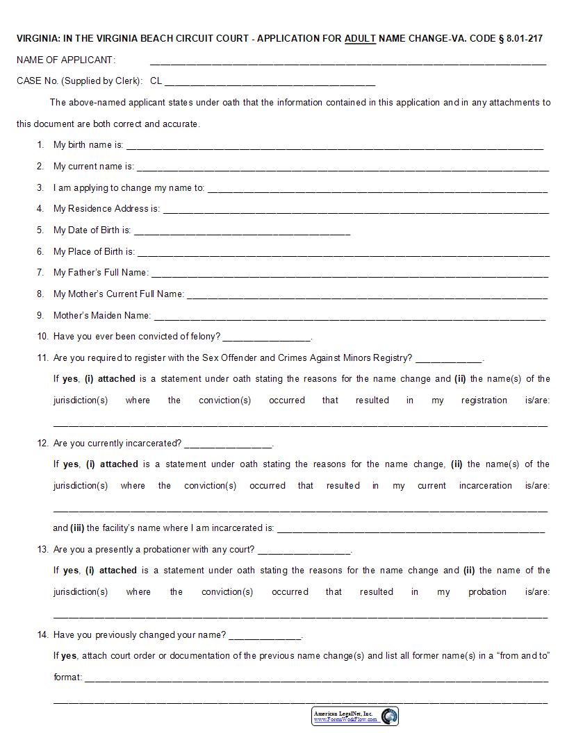Application For Adult Name Change | Pdf Fpdf Docx | Virginia