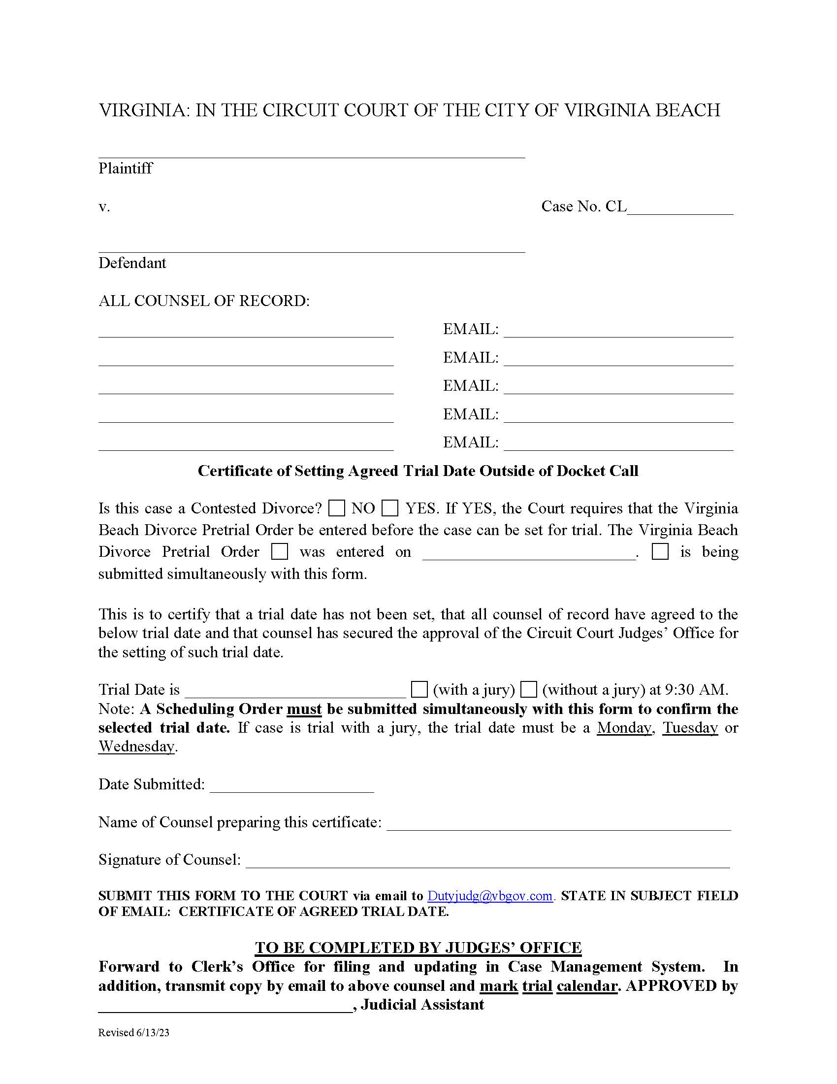 Certificate Of Setting Agreed Trial Date Outside Of Docket Call | Pdf Fpdf Docx | Virginia