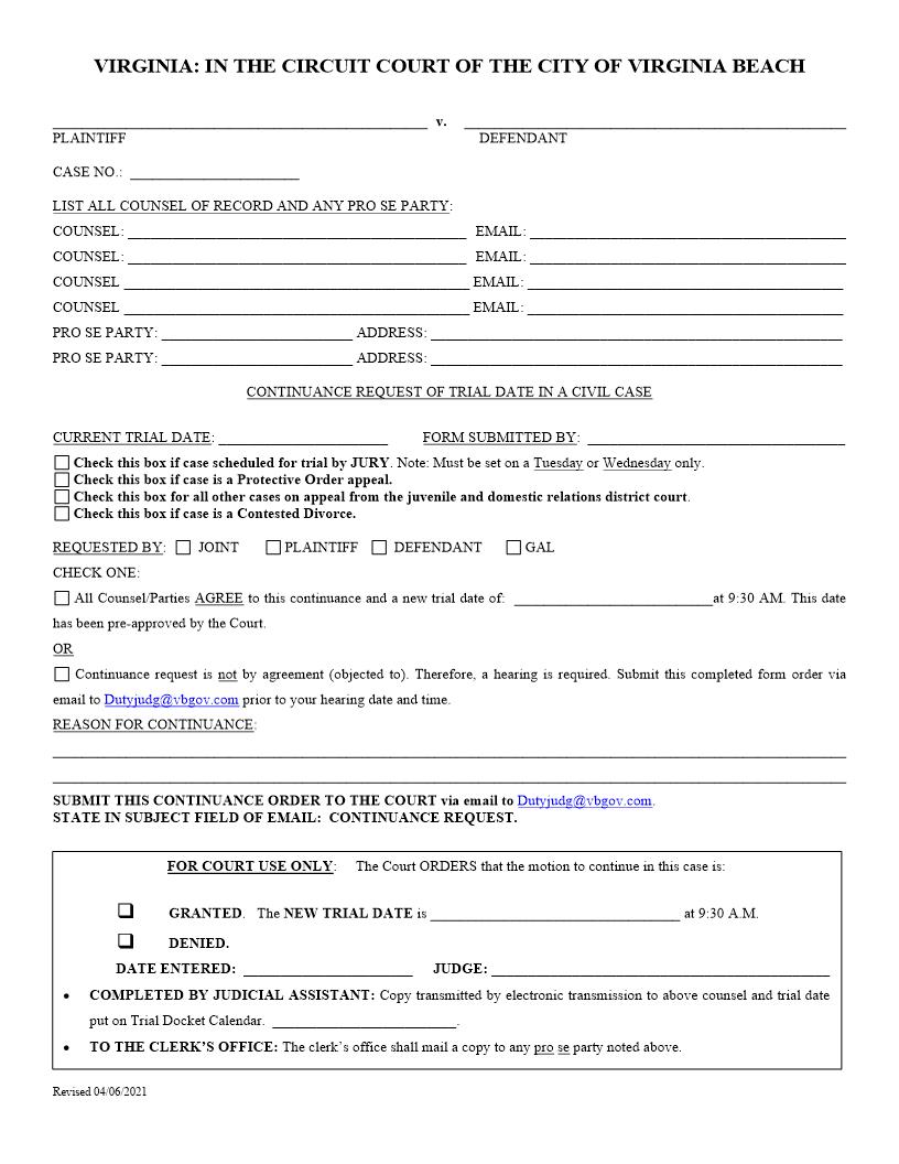 Continuance Request Of Trial Date In A Civil Case | Pdf Fpdf Docx | Virginia