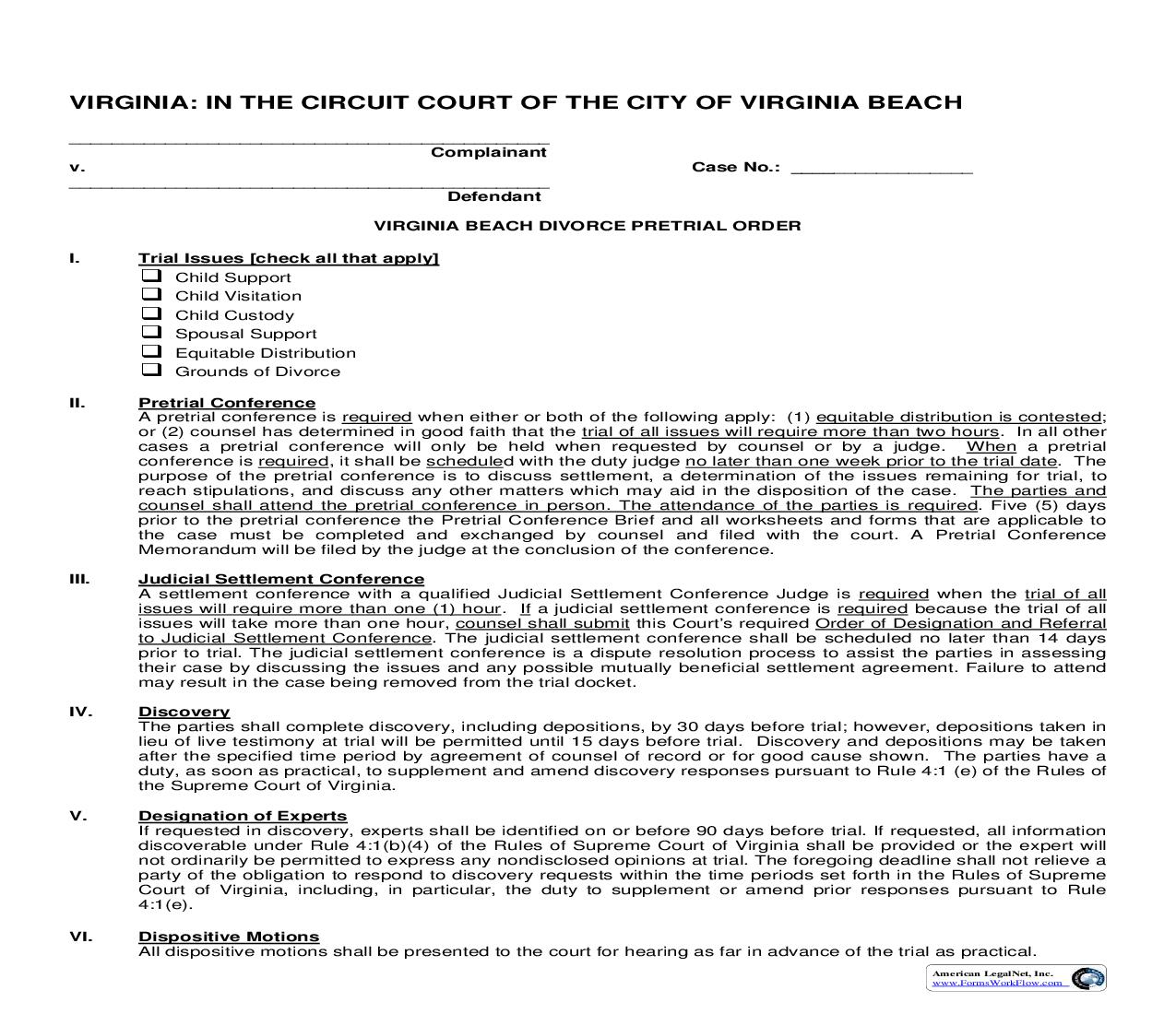 Divorce Pretrial Order | Pdf Fpdf Doc Docx | Virginia